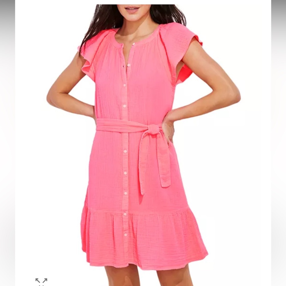 Vineyard Vines Double Gauze Shirt Dress SZ M Vibrant Pink